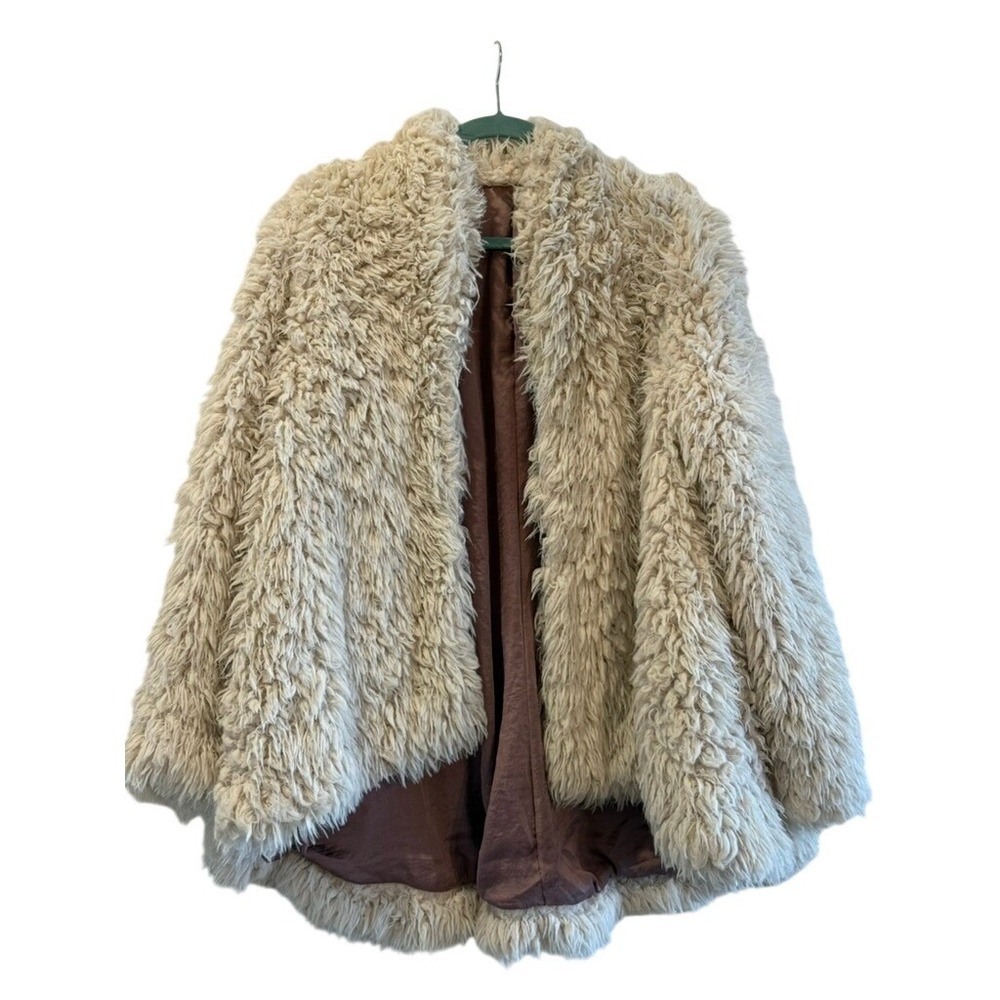 Free People Cream Shaggy Faux Fur Jacket Open Front Boho Coat Mauve Lining